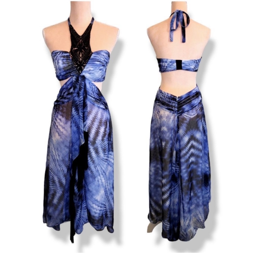 Bebe Bohemian Luxe Tie Dye Fringe Crochet Cut Out High Low Dress Blue Black Boho - Picture 4 of 16